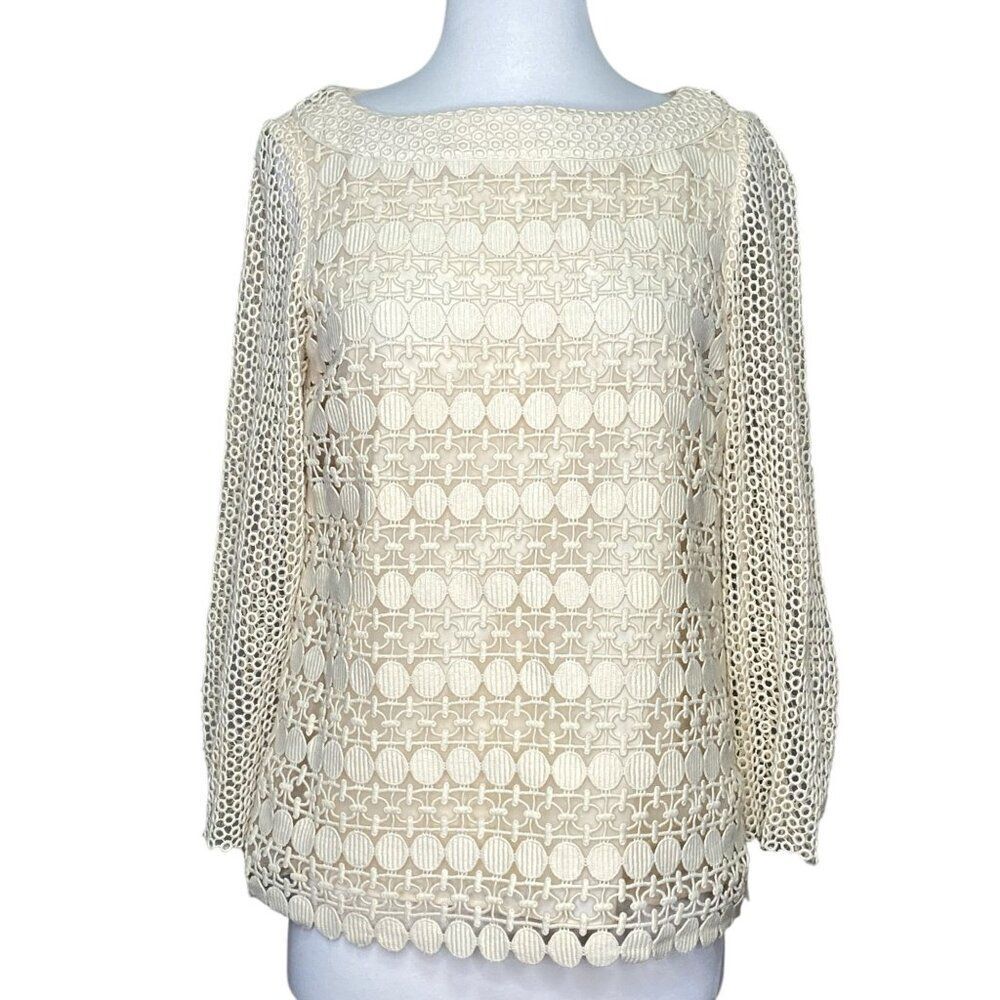 Tory Burch Charlotte Crochet Lace Top Size 6 Cream Ivory - Picture 1 of 9